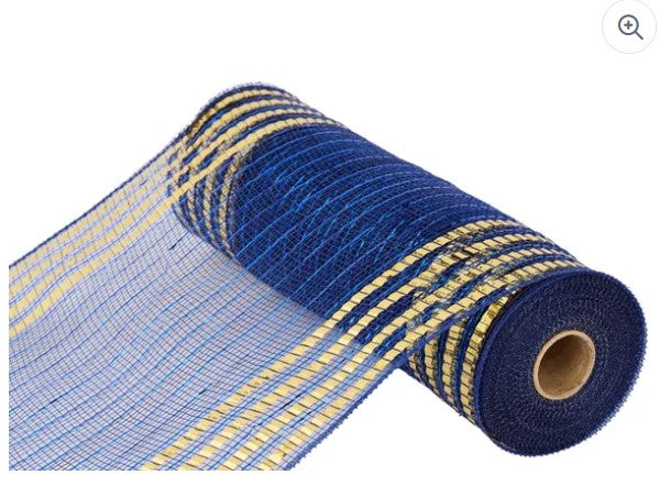 A roll of blue and gold mesh material.