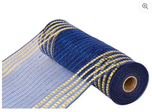 A roll of blue and gold mesh material.