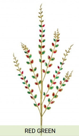 A decorative tree branch with red and green leaves, resembling a Christmas tree or holiday-themed decoration.