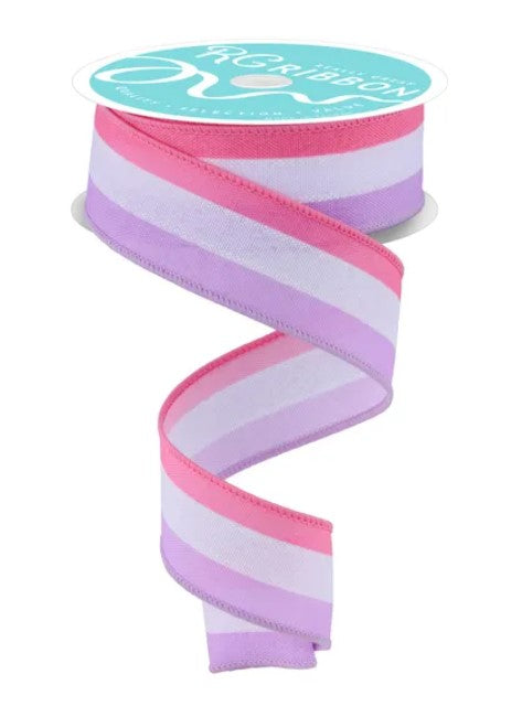 A spiral ribbon with pink, purple, and white stripes.