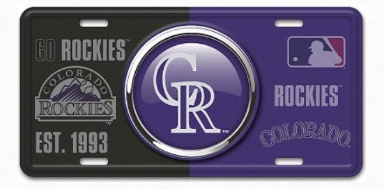 A license plate with the Colorado Rockies logo and text, featuring the Colorado Rockies logo and text on the left side and the Colorado Rockies logo and text on the right side.