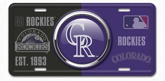 A license plate with the Colorado Rockies logo and text, featuring the Colorado Rockies logo and text on the left side and the Colorado Rockies logo and text on the right side.