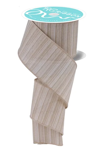 a roll of beige and white striped ribbon with a turquoise label.