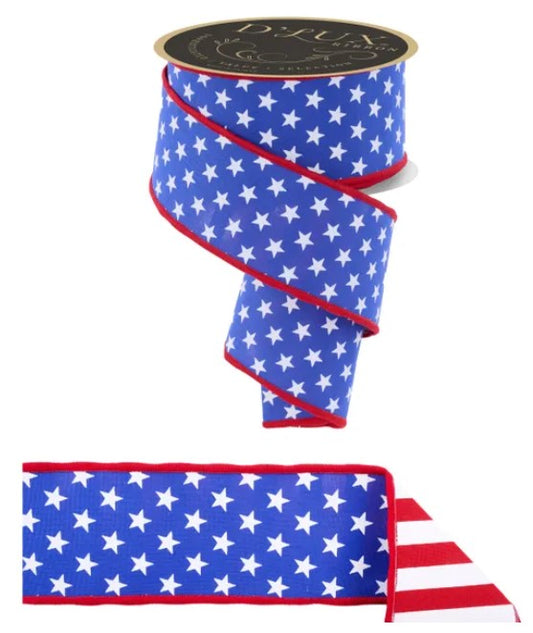 a red and blue ribbon with a pattern of white stars, resembling the American flag. The ribbon is displayed in two different ways: one is a full view of the ribbon, and the other is a close-up view of the ribbon's edge.