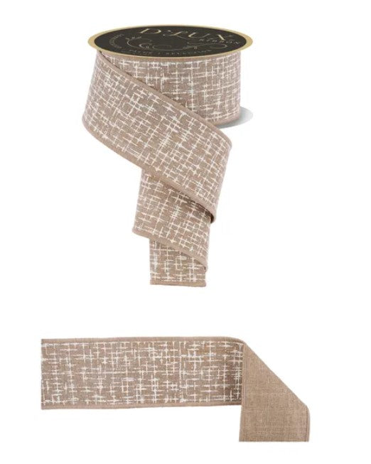 a roll of beige and white tweed ribbon with a textured pattern.