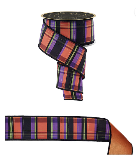 a plaid ribbon with a black border and a gold top. The ribbon has a vibrant pattern of orange, purple, and black stripes.