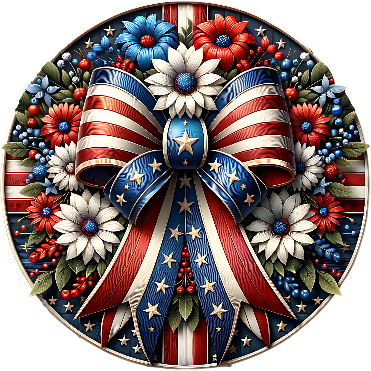 a patriotic bow with flowers and stars on it