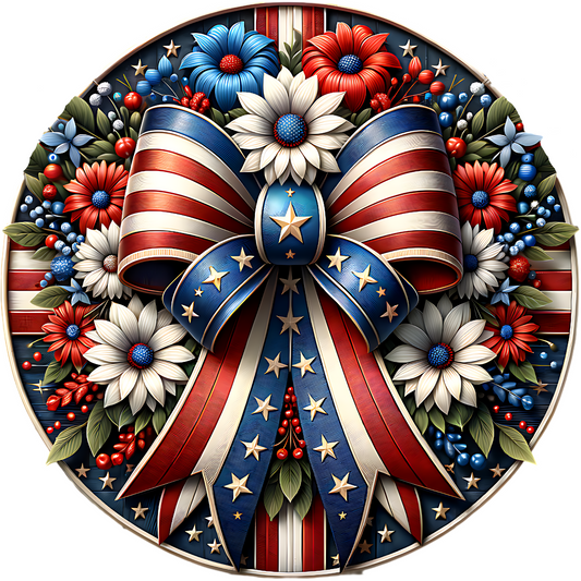 a patriotic bow with flowers and stars on it