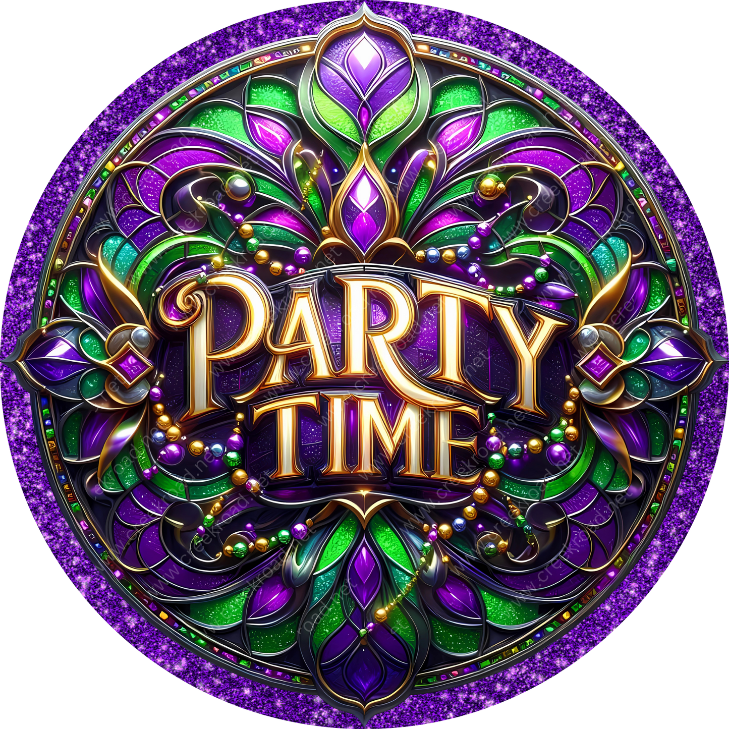 a vibrant and intricate design with a central text that reads "PARTY TIME". The design is surrounded by a colorful and ornate border, which includes shades of purple, green, and gold. The overall composition is visually striking and eye-catching.