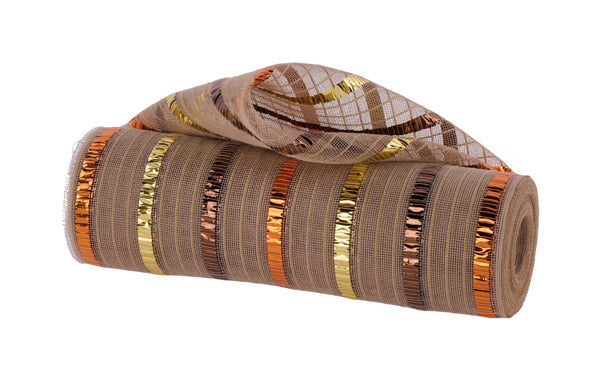 a roll of brown and gold ribbon on a white background