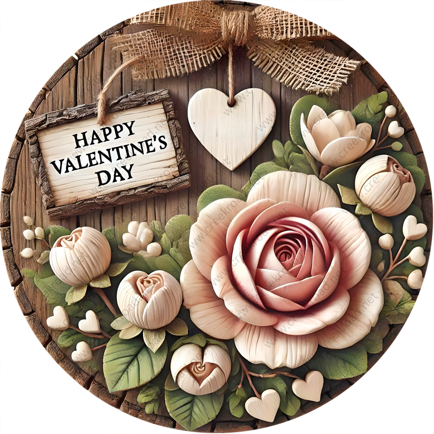 A wooden wreath with a sign that says "Happy Valentine's Day" and a large pink rose surrounded by smaller white flowers and leaves.