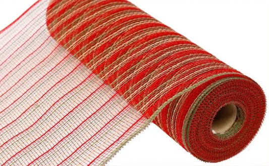 A roll of red and green striped mesh material.