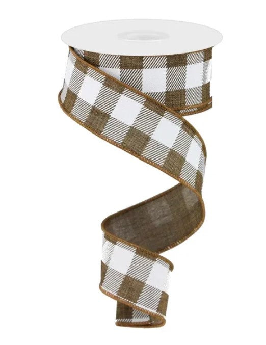 A brown and white checkered ribbon is coiled and attached to a white spool.
