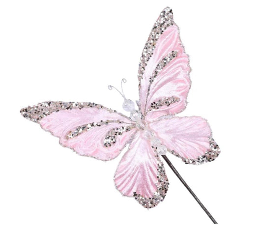 A pink and silver butterfly with intricate details and sparkling accents.
