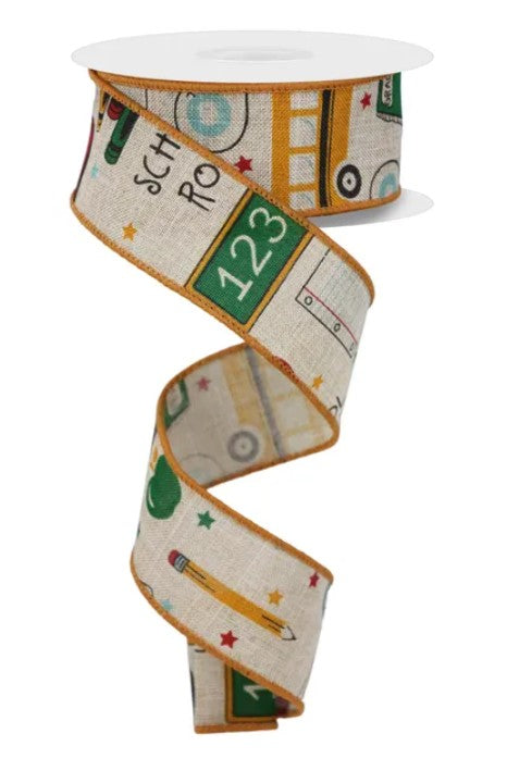 A spiral-shaped ribbon with a printed design of school supplies, including a pencil, a book, and a bus.