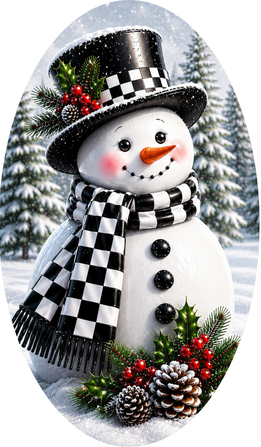 A whimsical snowman figure adorned with a black and white checkered hat, scarf, and buttons, surrounded by pine cones, berries, and evergreen branches, set against a snowy winter landscape with pine trees in the background.