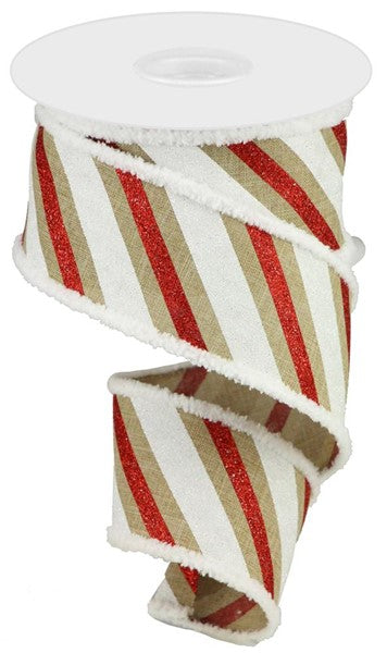 A white and red striped ribbon with a fuzzy texture.
