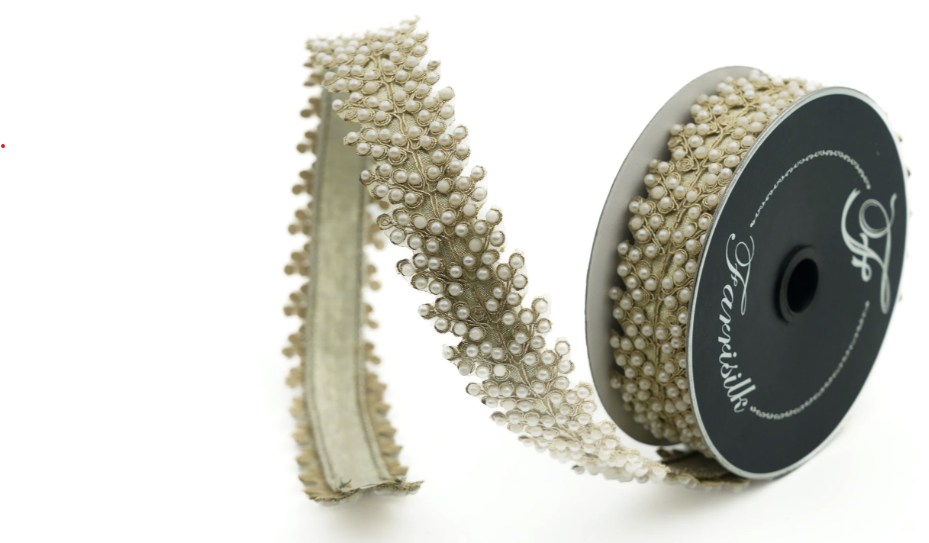 A close-up image of a decorative beaded ribbon or lace, with a black background on the left side.