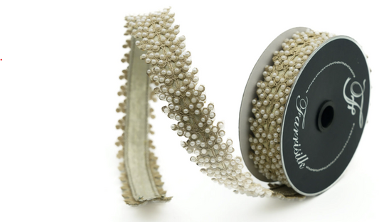 A close-up image of a decorative beaded ribbon or lace, with a black background on the left side.