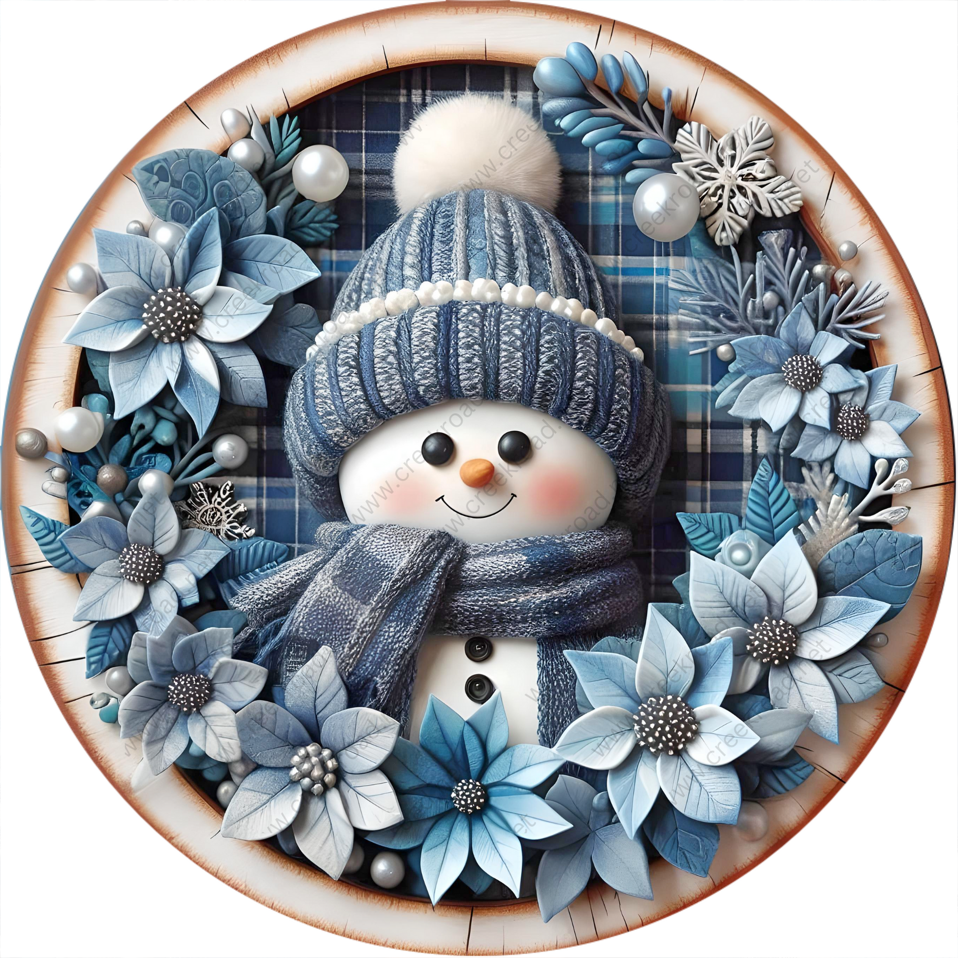 a picture of a snowman in a blue hat and scarf