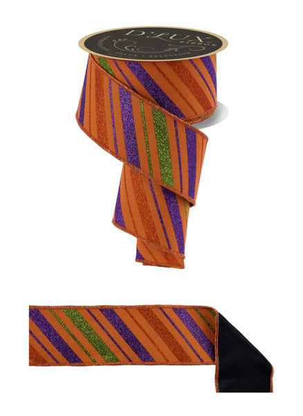 a roll of orange, purple, and green striped ribbon with a black label.