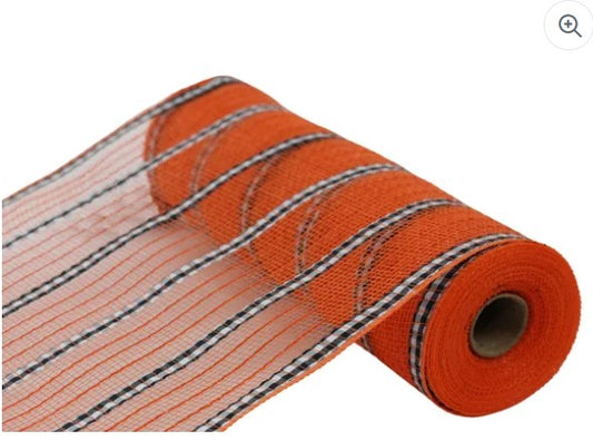 A roll of orange and black striped mesh material.