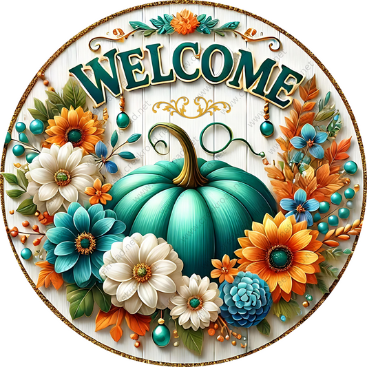 a welcome sign with a pumpkin surrounded by flowers