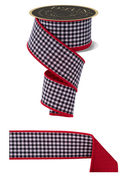 a black and white checkered ribbon with a red border.
