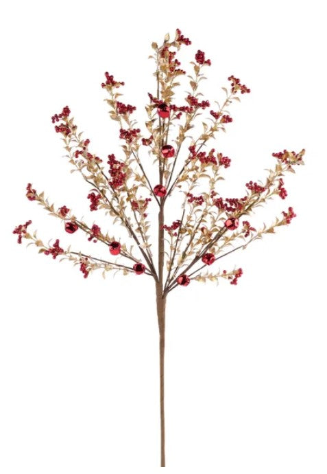A small tree branch with red berries and a brown stem.