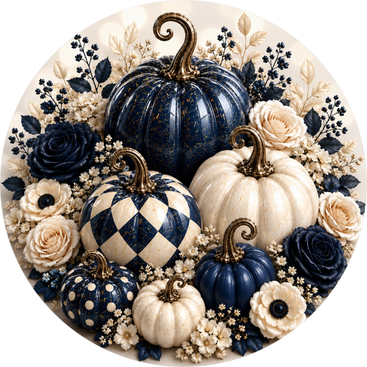 A circular arrangement of decorative pumpkins and flowers, featuring a mix of blue, white, and black colors.