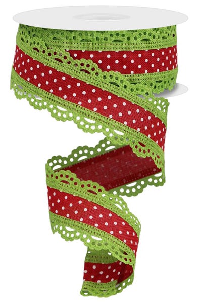 a roll of green and red polka dot ribbon