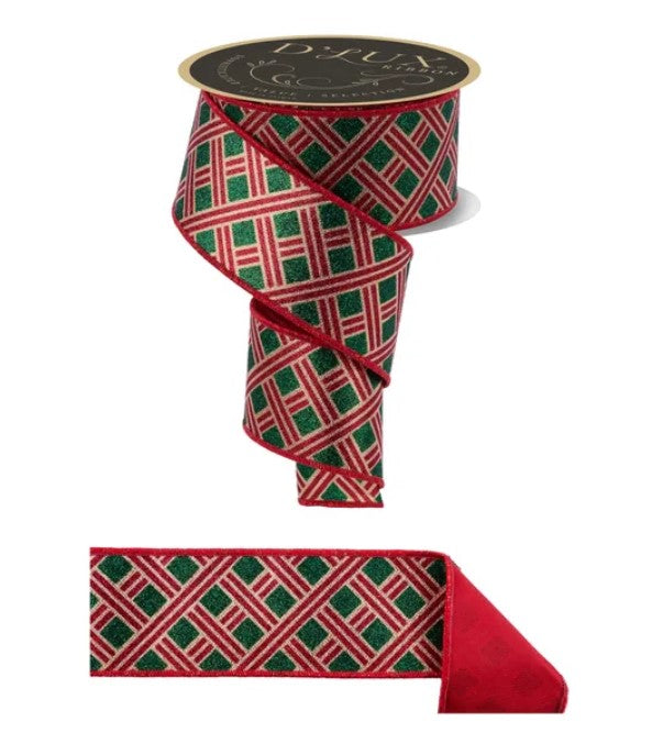 a red and green diamond-patterned ribbon with a gold-colored label.