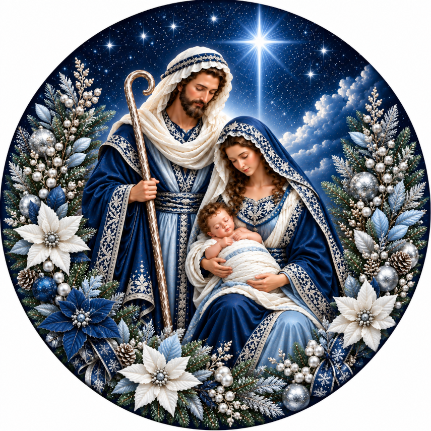a religious scene of the Holy Family, with the parents and child, likely representing the Virgin Mary and the baby Jesus, surrounded by a wreath of flowers and a starry night sky.