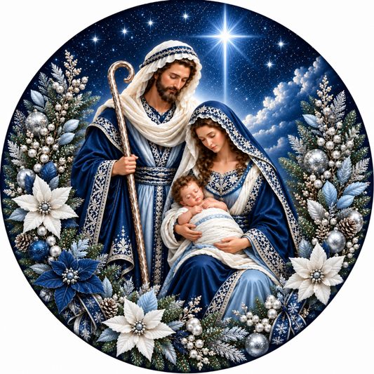 a religious scene of the Holy Family, with the parents and child, likely representing the Virgin Mary and the baby Jesus, surrounded by a wreath of flowers and a starry night sky.