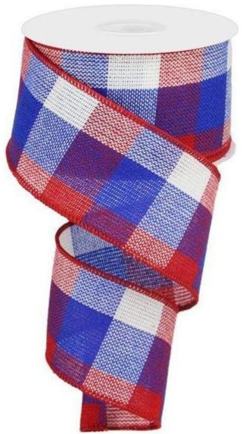 a roll of red, white and blue plaid ribbon