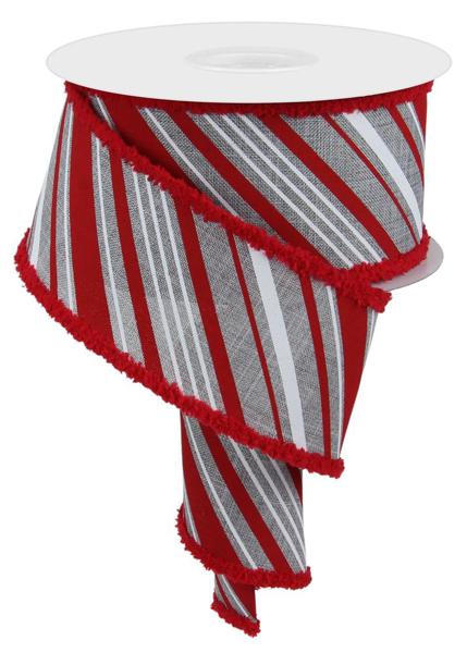 a roll of red and grey striped ribbon