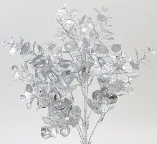 A silver-colored artificial plant with numerous small, round leaves arranged in a cluster.