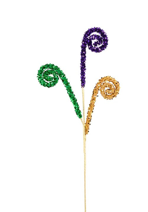 A decorative element resembling a stylized flower or ornament, with three spiral-shaped elements in different colors - green, purple, and gold.