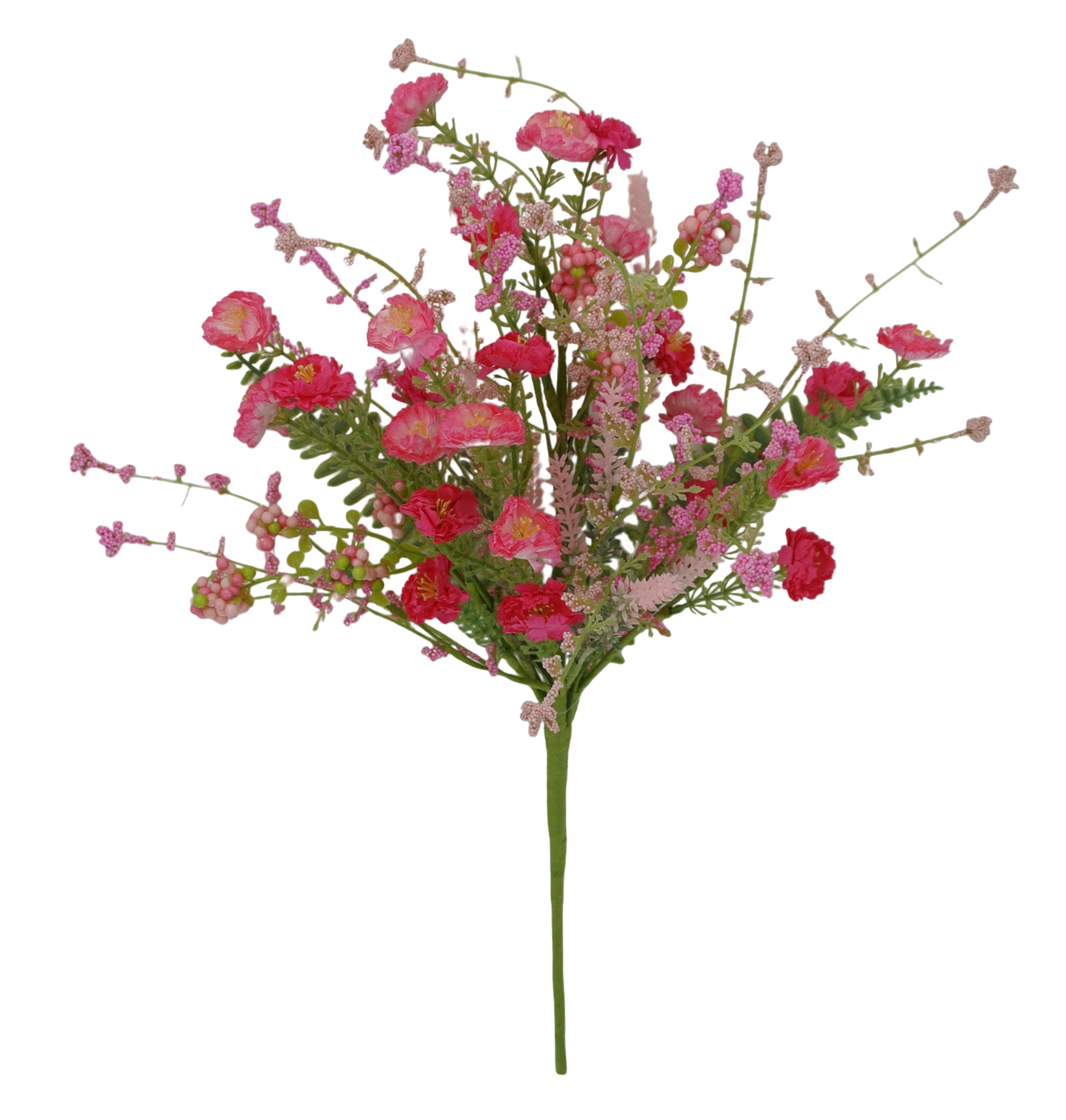 A vibrant bouquet of pink and red flowers, including roses and other blooms, is the central focus of the image.