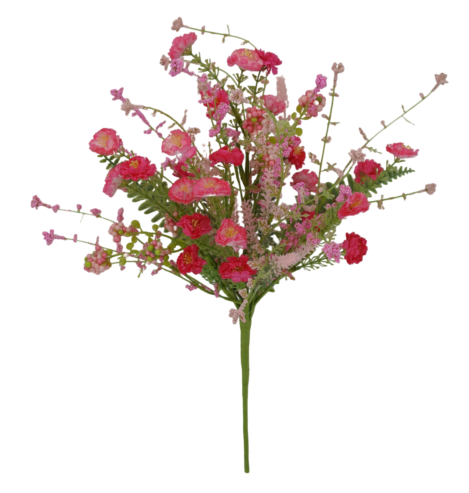 A vibrant bouquet of pink and red flowers, including roses and other blooms, is the central focus of the image.