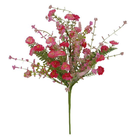 A vibrant bouquet of pink and red flowers, including roses and other blooms, is the central focus of the image.