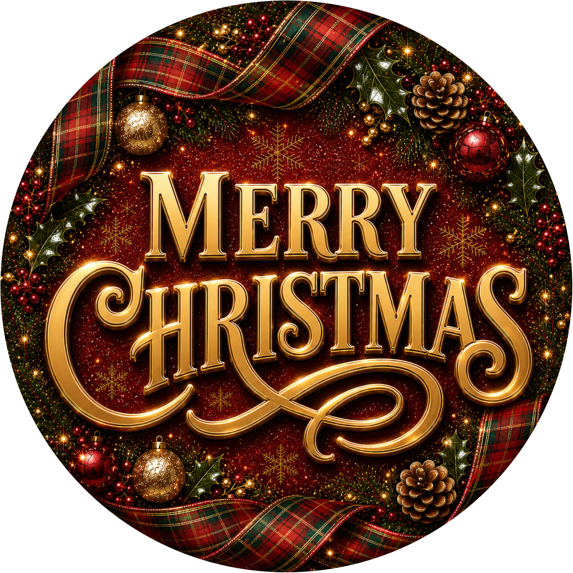 A festive Christmas wreath with the text "MERRY CHRISTMAS" prominently displayed in the center. The wreath is adorned with various holiday decorations such as pine cones, berries, and ornaments, creating a warm and celebratory atmosphere.