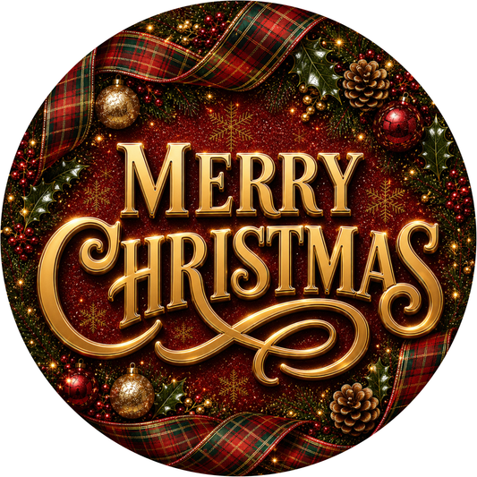 A festive Christmas wreath with the text "MERRY CHRISTMAS" prominently displayed in the center. The wreath is adorned with various holiday decorations such as pine cones, berries, and ornaments, creating a warm and celebratory atmosphere.