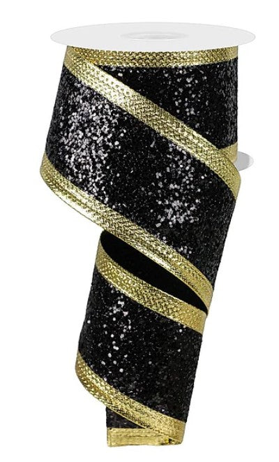 A black and gold sequin ribbon is shown, with a white base and a gold border.