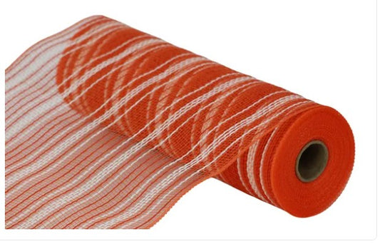 A roll of orange and white striped mesh material.