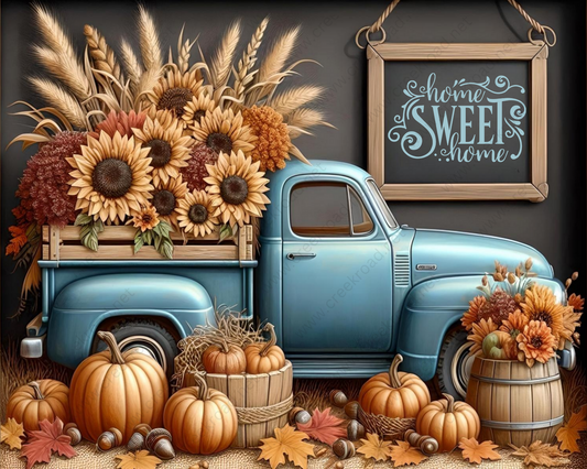 a painting of a blue truck with sunflowers and pumpkins