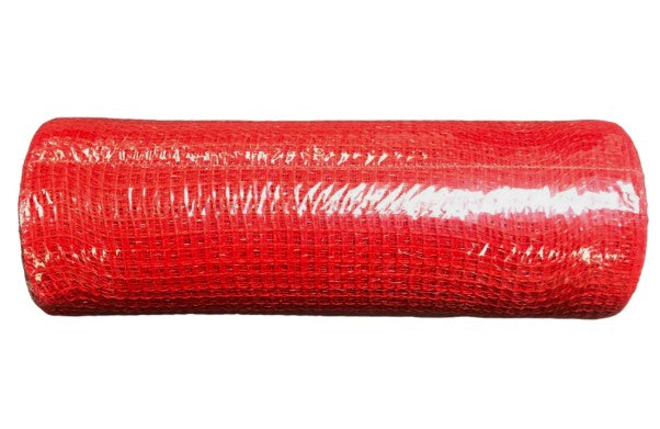 A red plastic tube or pipe wrapped in a red plastic mesh or plastic wrap.