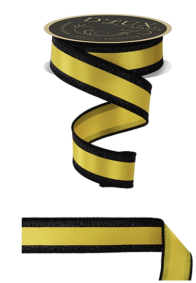 a black and yellow ribbon with a gold label.