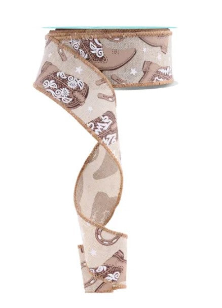 a brown and white patterned ribbon with a cowboy boot design.