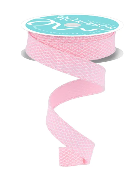A spool of pink mesh ribbon with a turquoise label.